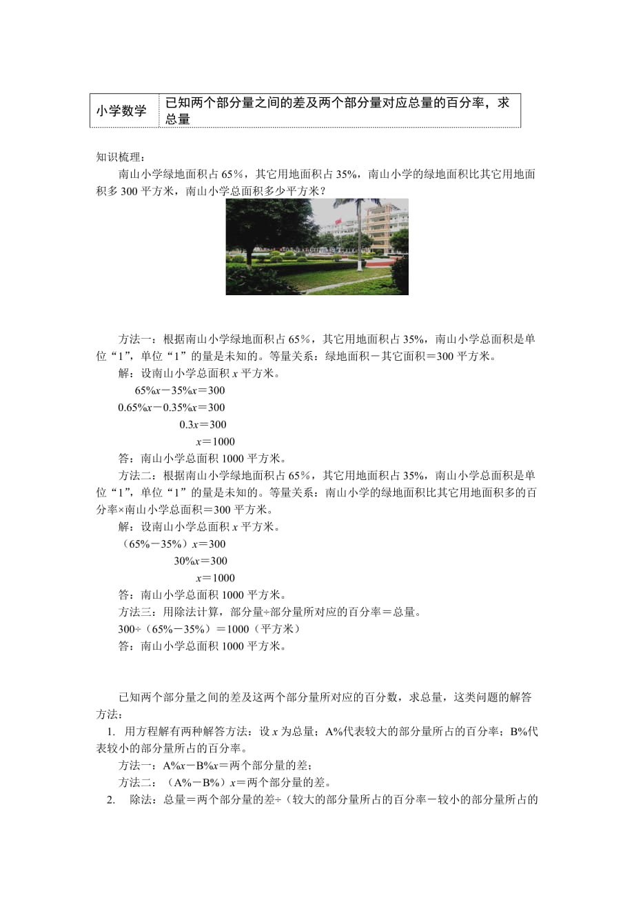 六年级数学上册知识讲义-已知两个部分量之间的差及两个部分量对应总量的百分率求总量-北师大版 含答案_第1页