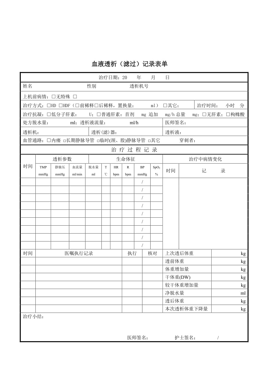 血液透析（滤过）记录表单（2020年版血液净化标准操作规程）_第1页