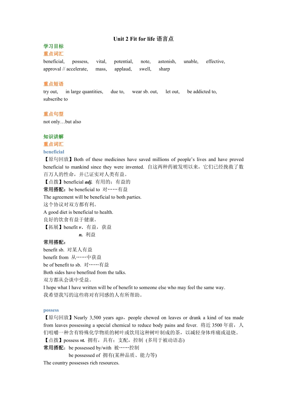 译林牛津版高三英语Unit2Fitforlife.语言点(知识梳理)_第1页