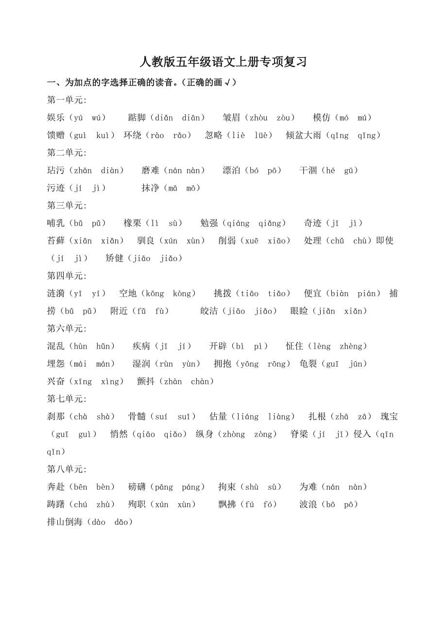 人教版五年级语文上册专项复习选正确读音（精品推荐）_第1页