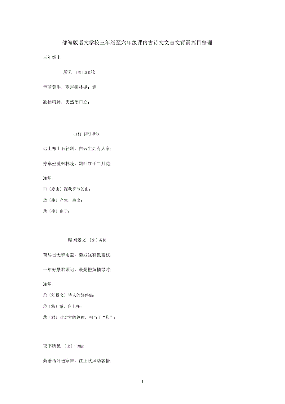 部编版语文小学3-6年级课内古诗文文言文背诵篇目_第1页