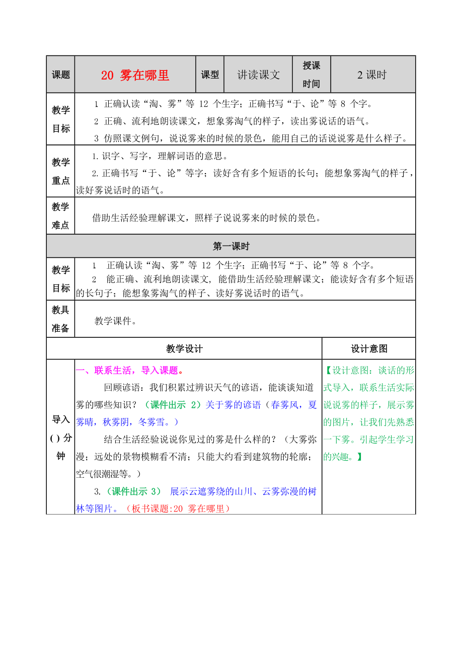 人教部编版语文二年级上册《20 雾在哪里》教案教学设计小学优秀公开课_第1页