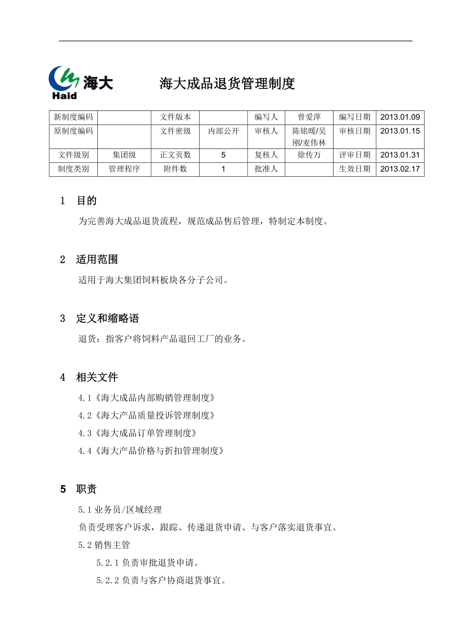 海大成品退货管理制度V1.0_第1页