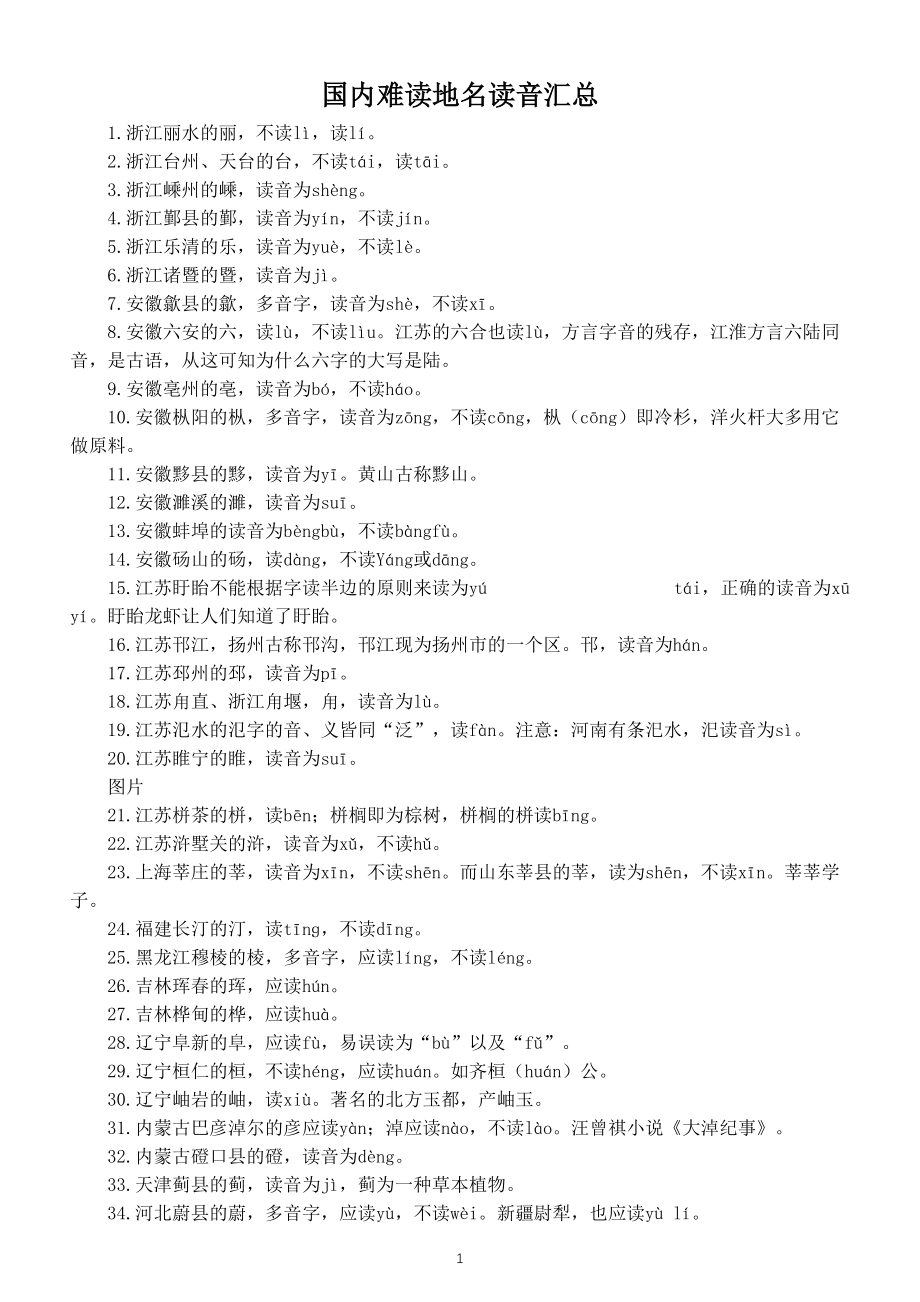 小学语文国内难读地名读音汇总（共100个）_第1页