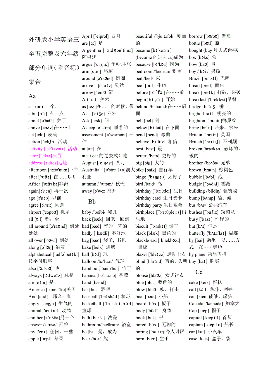 外研社小学英语三到六年级按字母顺序排列单词表含音标_第1页