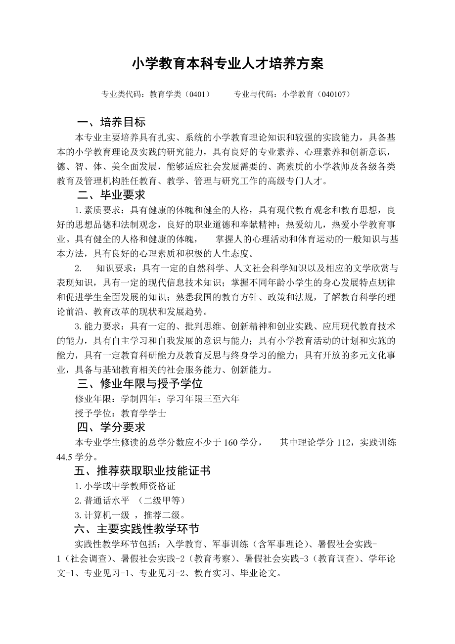 小学教育本科专业人才培养方案_第1页