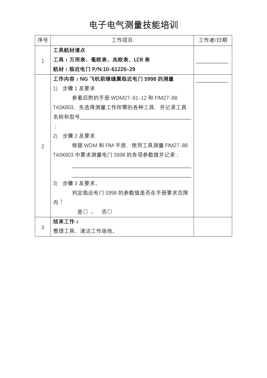 标准线路施工教学课件：NG飞机临近电门测量工卡_第1页