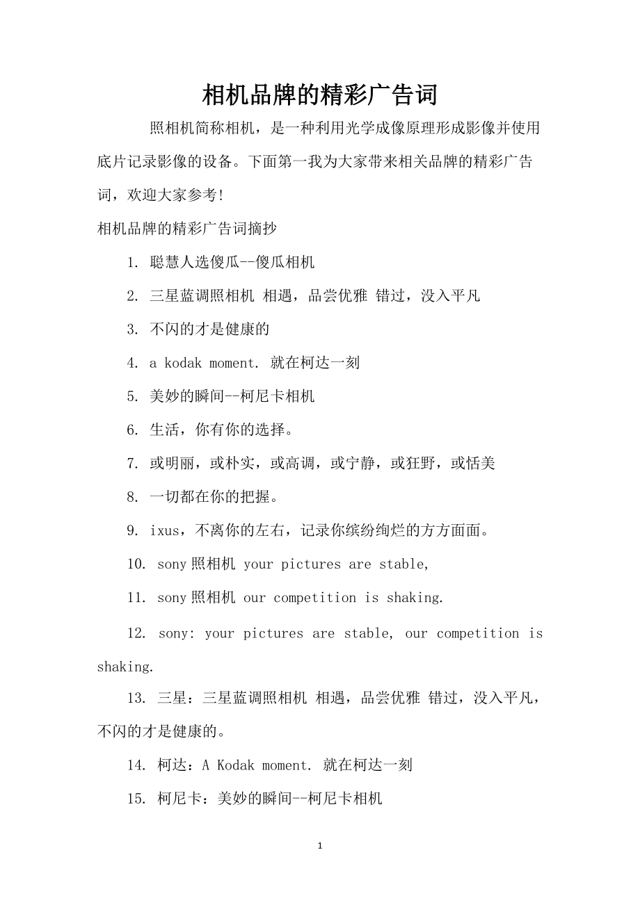 相机品牌的精彩广告词_第1页