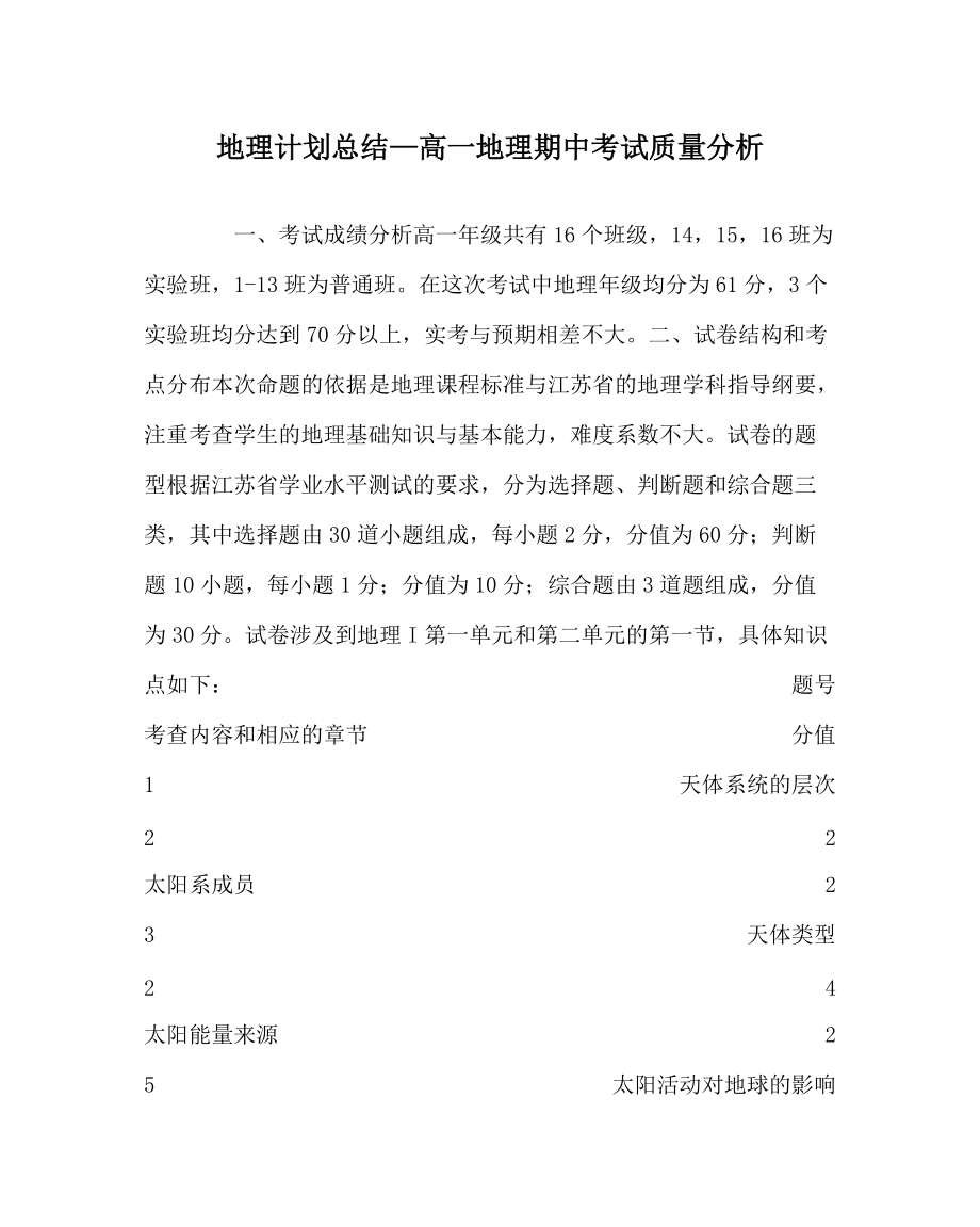 地理计划总结高一地理期中考试质量分析_第1页