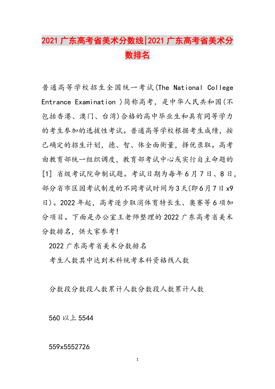 2021广东高考省美术分数线-2021广东高考省美术分数排名范文_第1页