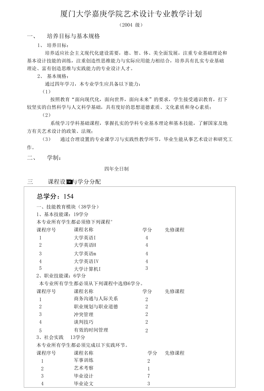 厦门大学嘉庚学院艺术设计专业教学计划_第1页