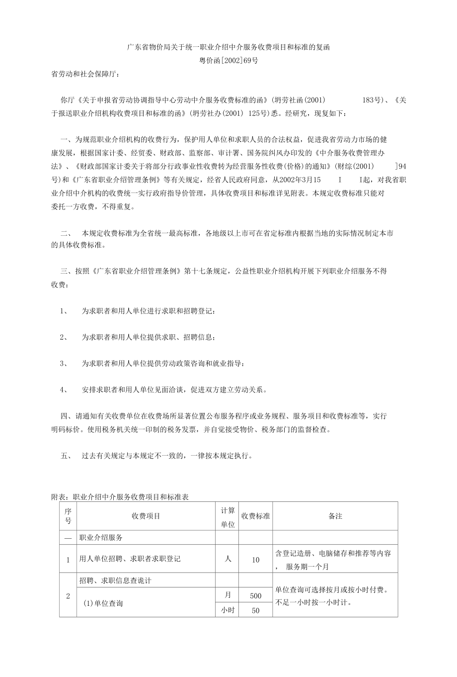 广东省物价局关于统一职业介绍中介服务收费项目和标准的复函_第1页