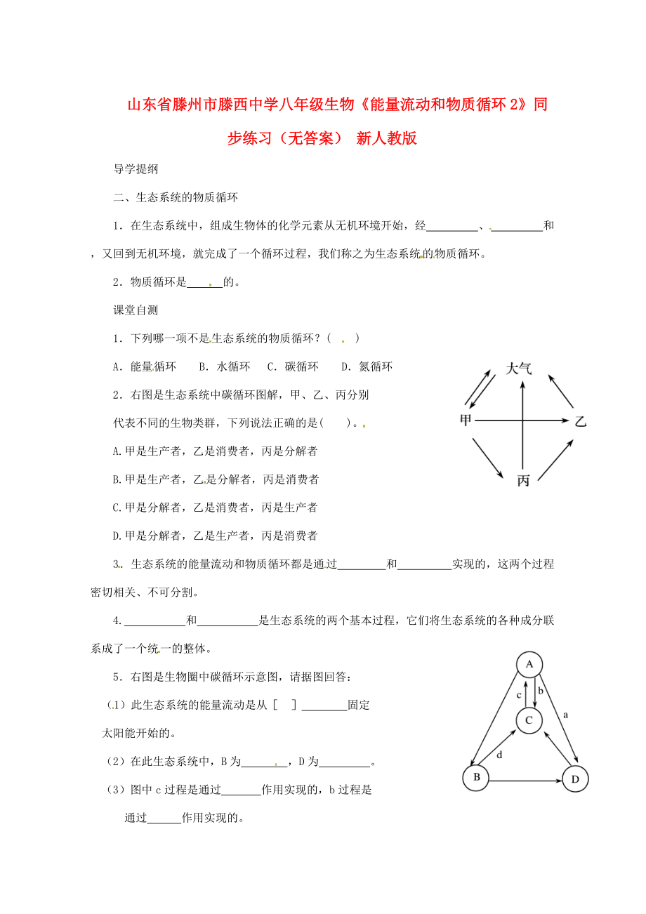 八年级生物(能量流动和物质循环2)同步练习(无答案) 新人教版 试题_第1页