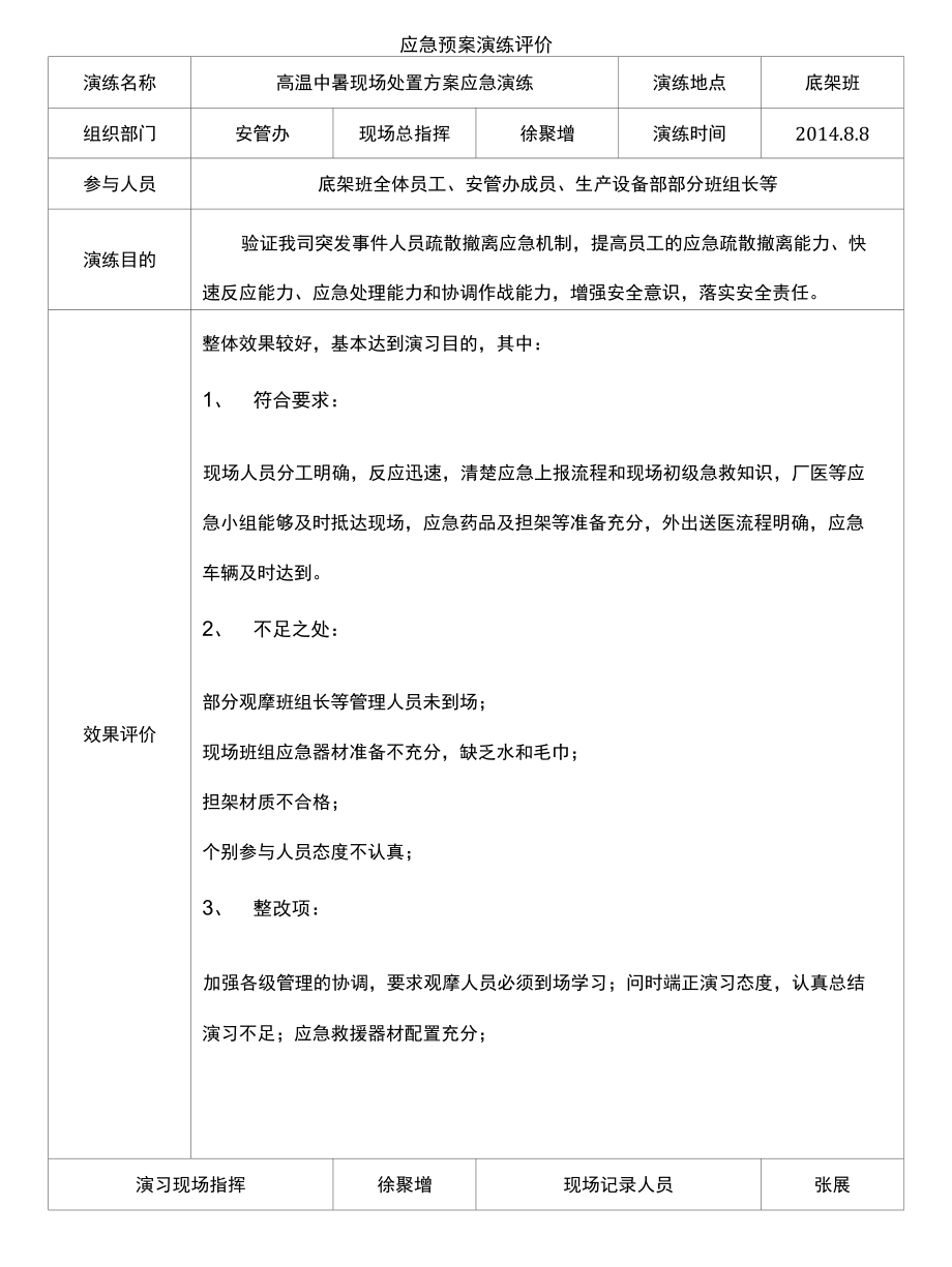 底架班中暑事故应急演练效果评价_第1页