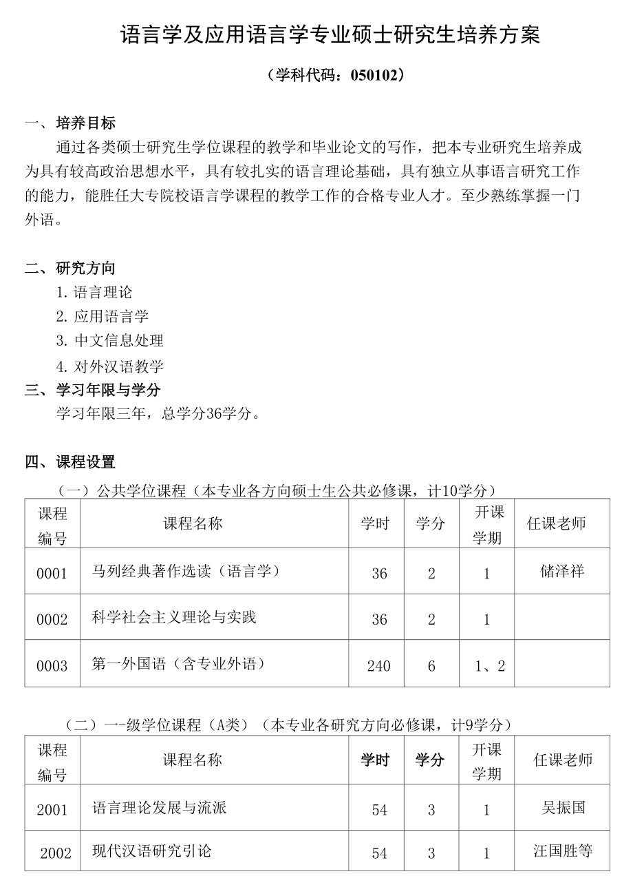 【精品】语言学及应用语言学专业硕士研究生培养方案_第1页