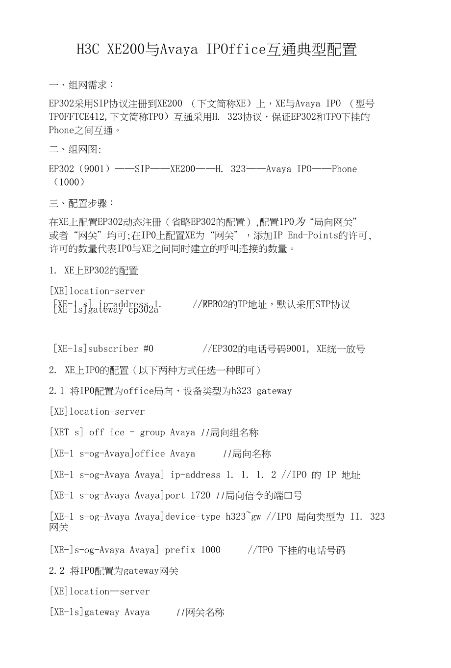H3CXE200与AvayaIPOffice互通典型配置_第1页