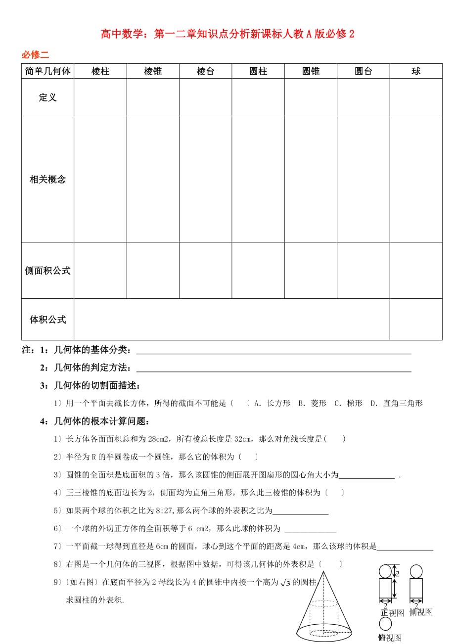 （整理版）高中数学第一二章知识点分析新课标人教A必修2_第1页