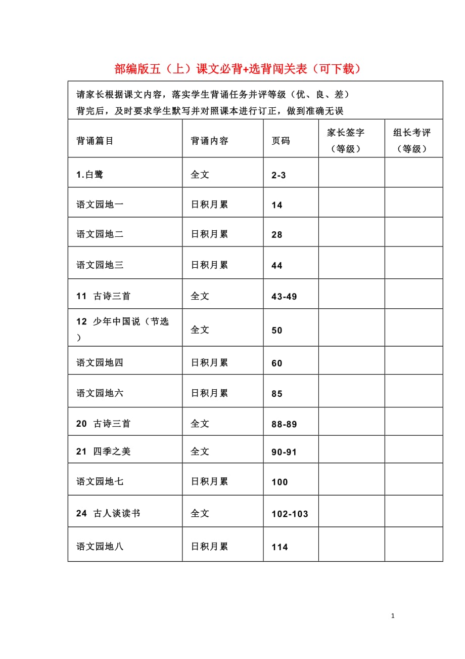 部编版语文五年级上册课文必背选背闯关表_第1页