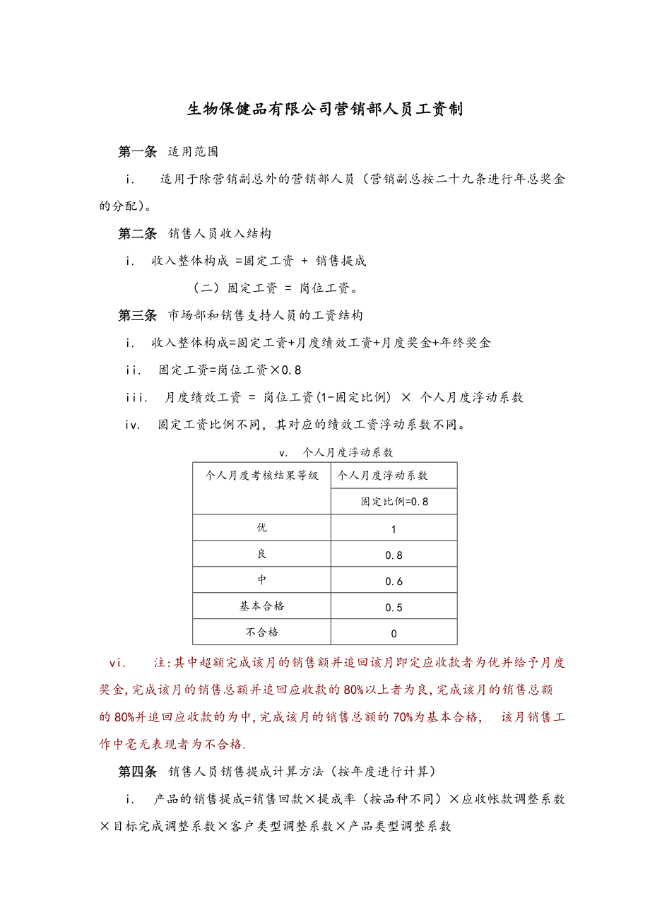 生物保健品有限公司营销部人员工资制_第1页