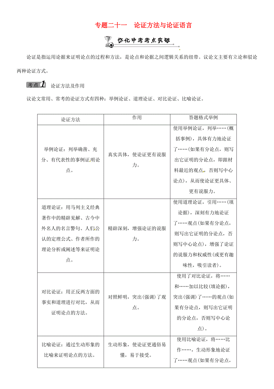 中考命题研究(怀化)中考语文 第四编 现代文阅读篇 专题二十一 论证方法与论证语言(答案不全) 试题_第1页
