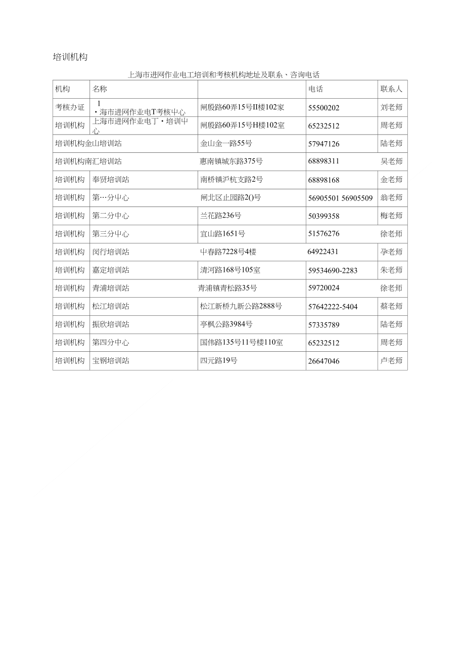 上海市进网作业电工培训和考核机构地址及联系_第1页