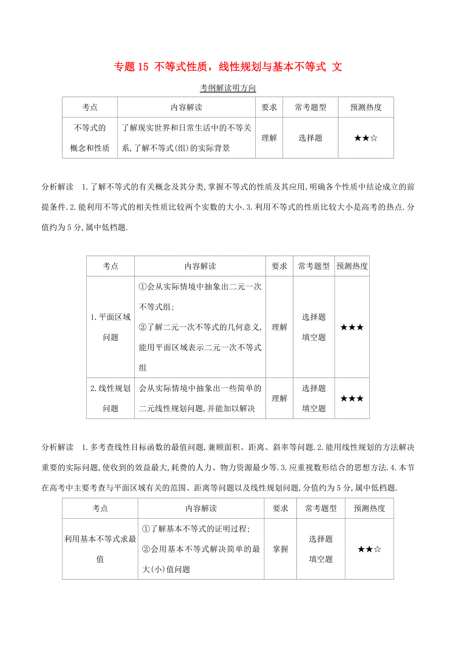 三年高考( )高考数学试题分项版解析 专题15 不等式性质线性规划与基本不等式 文(含解析) 试题_第1页