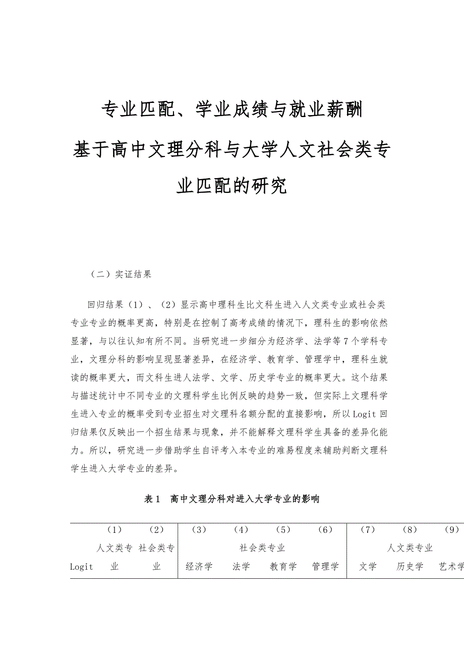 专业匹配、学业成绩与就业薪酬-基于高中文理分科与大学人文社会类专业匹配的研究_1_第1页
