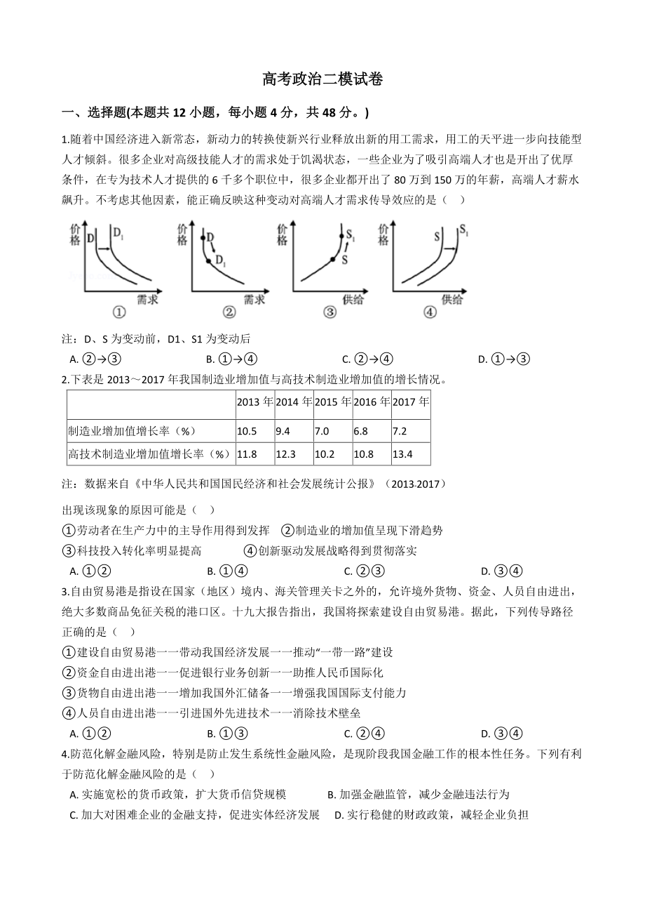 广东省广州市2021年高考政治二模试卷及答案_第1页