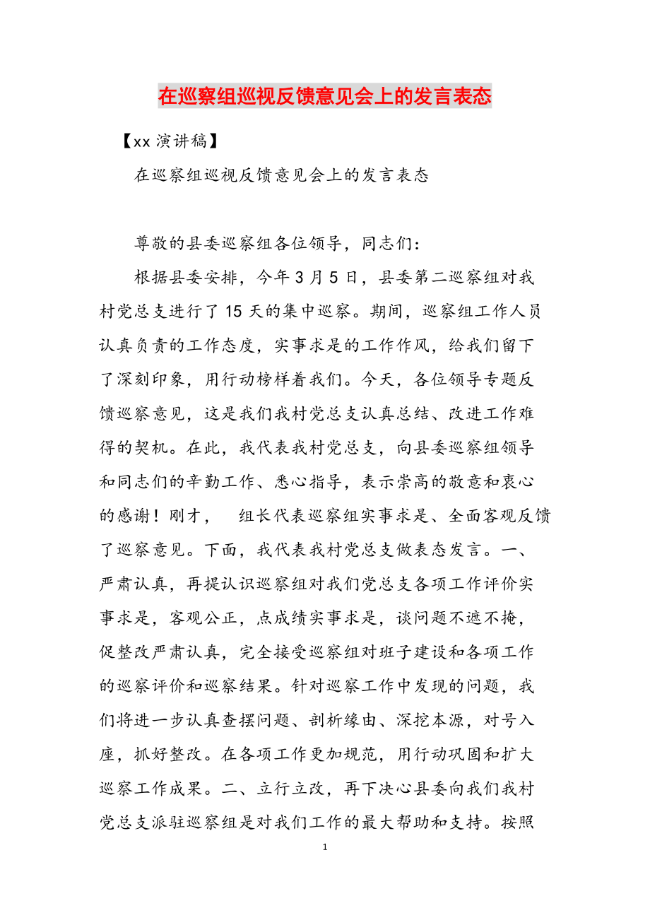 在巡察组巡视反馈意见会上的发言表态范文_第1页