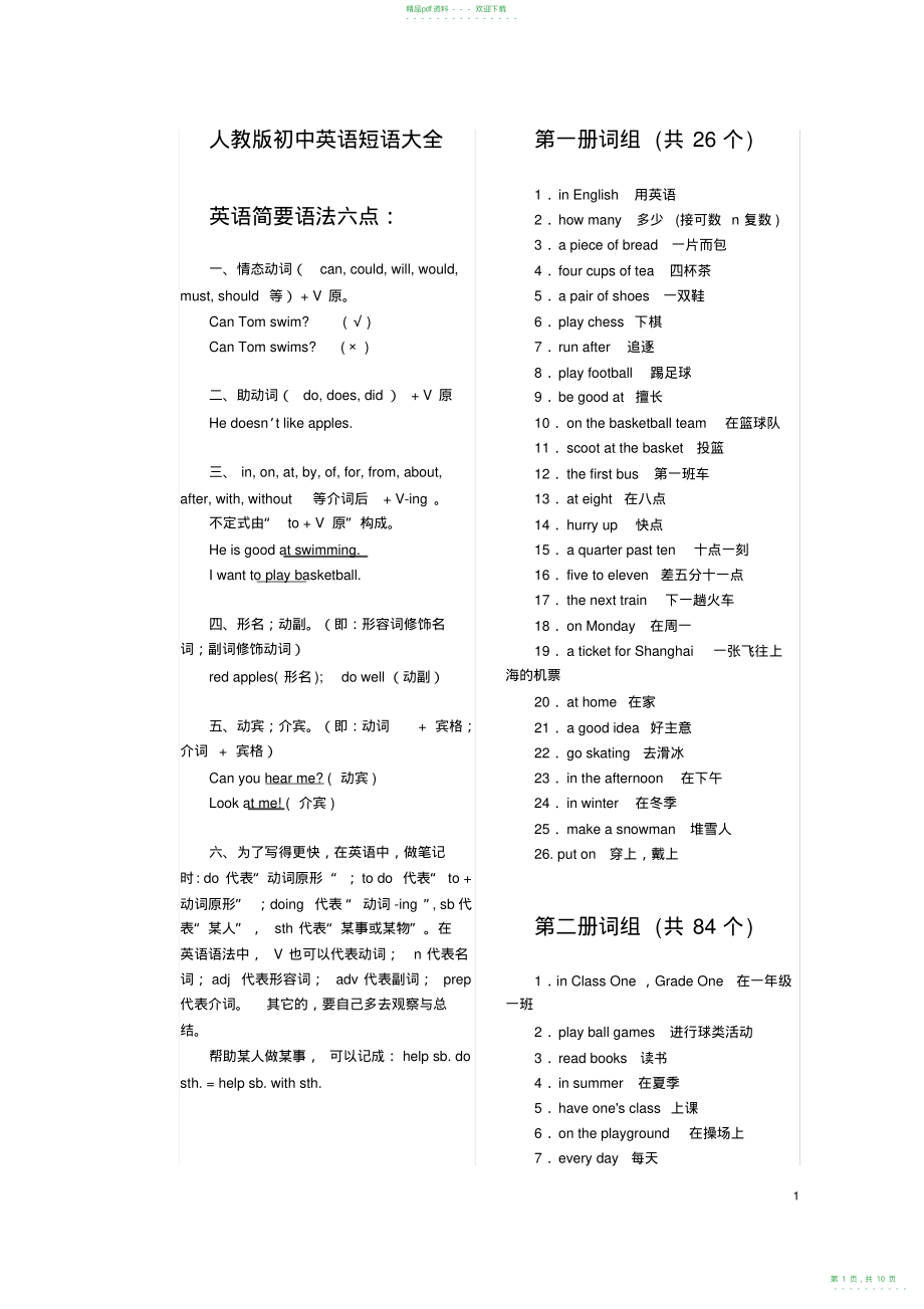 2022年人教版初中英语短语大全,推荐文档_第1页
