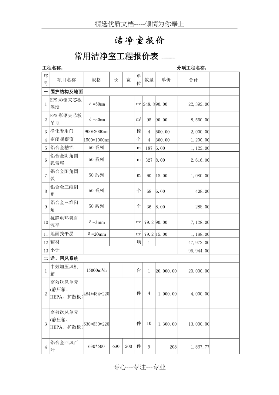 某洁净室报价-仅供参考(共4页)_第1页