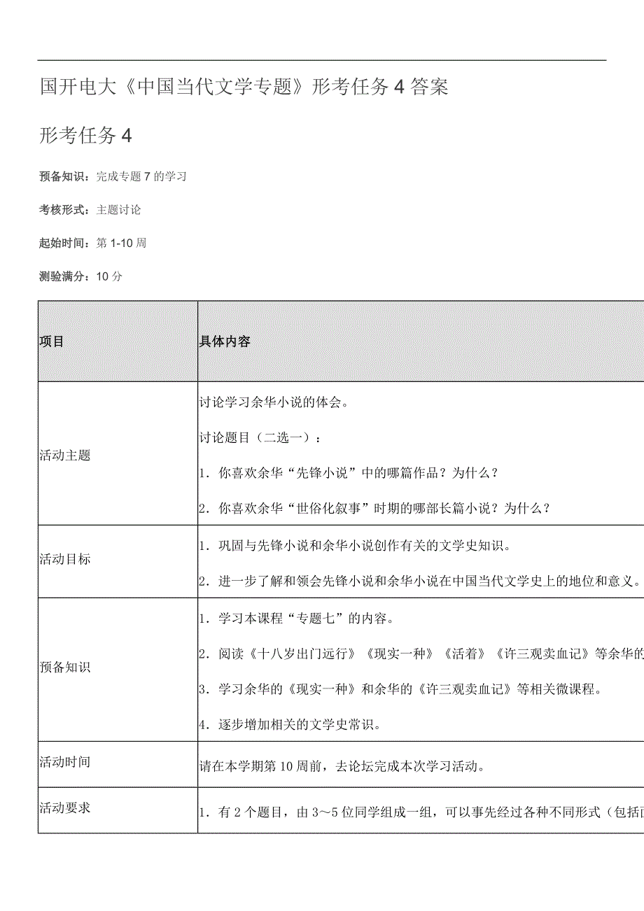 国开电大《中国当代文学专题》形考任务4答案_第1页