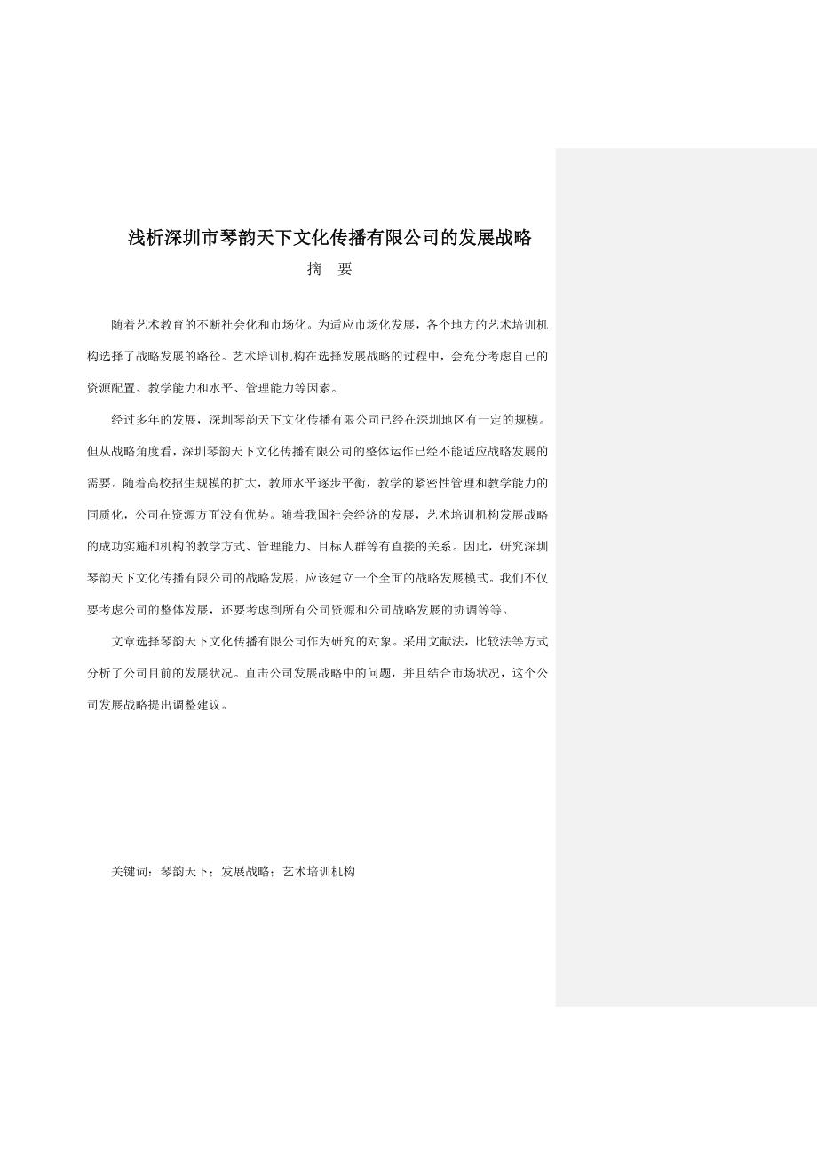 浅析深圳市琴韵天下文化传播有限公司的发展战略_第1页