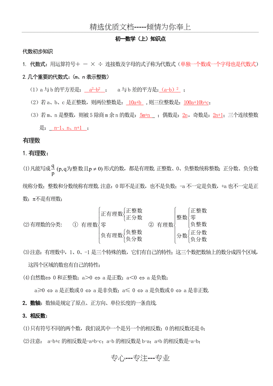 苏教版数学七上知识点总结及练习(共16页)_第1页