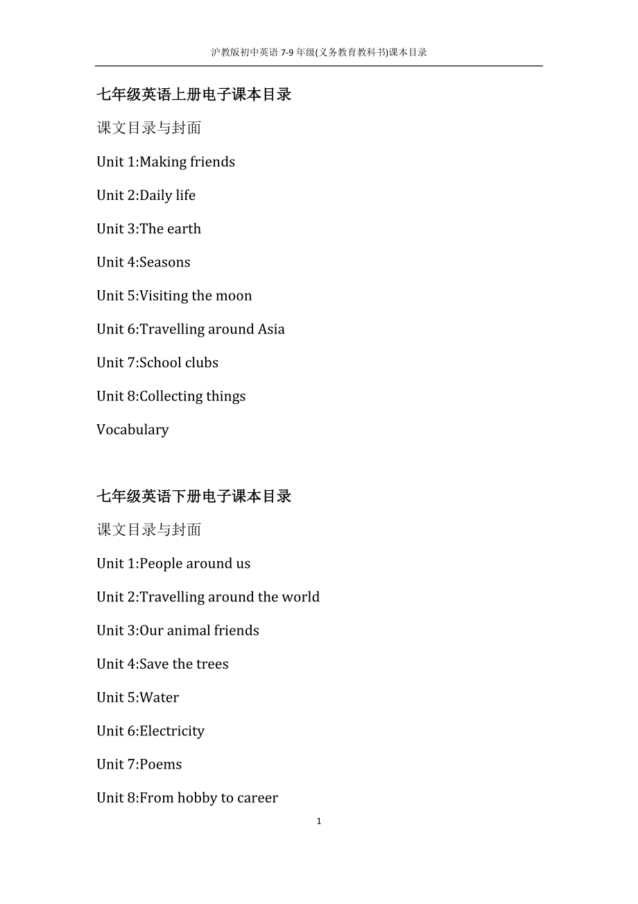 沪教版初中英语7-9年级(义务教育教科书)课本目录_第1页