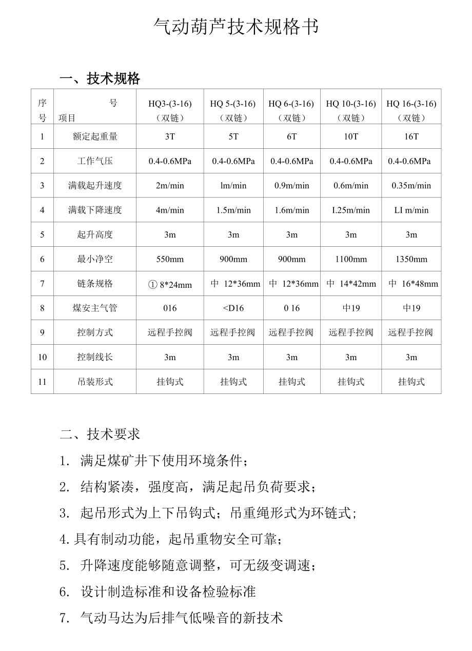 气动葫芦技术规格书_第1页