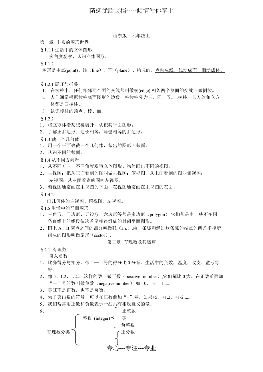 鲁教版六年级上册数学知识点汇总(共8页)_第1页