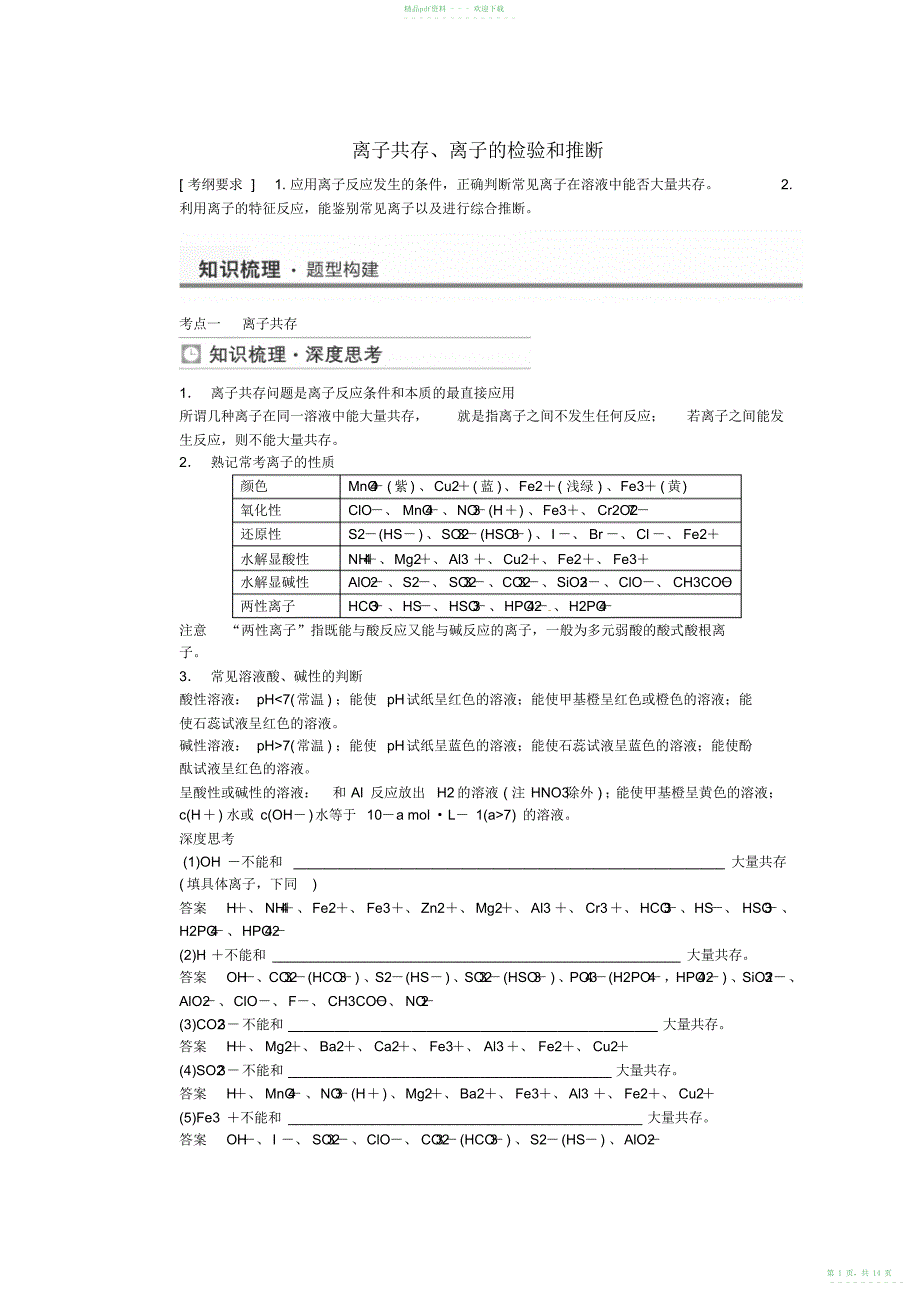 2022年高考化学离子共存离子的检验和推断考点全归纳_第1页