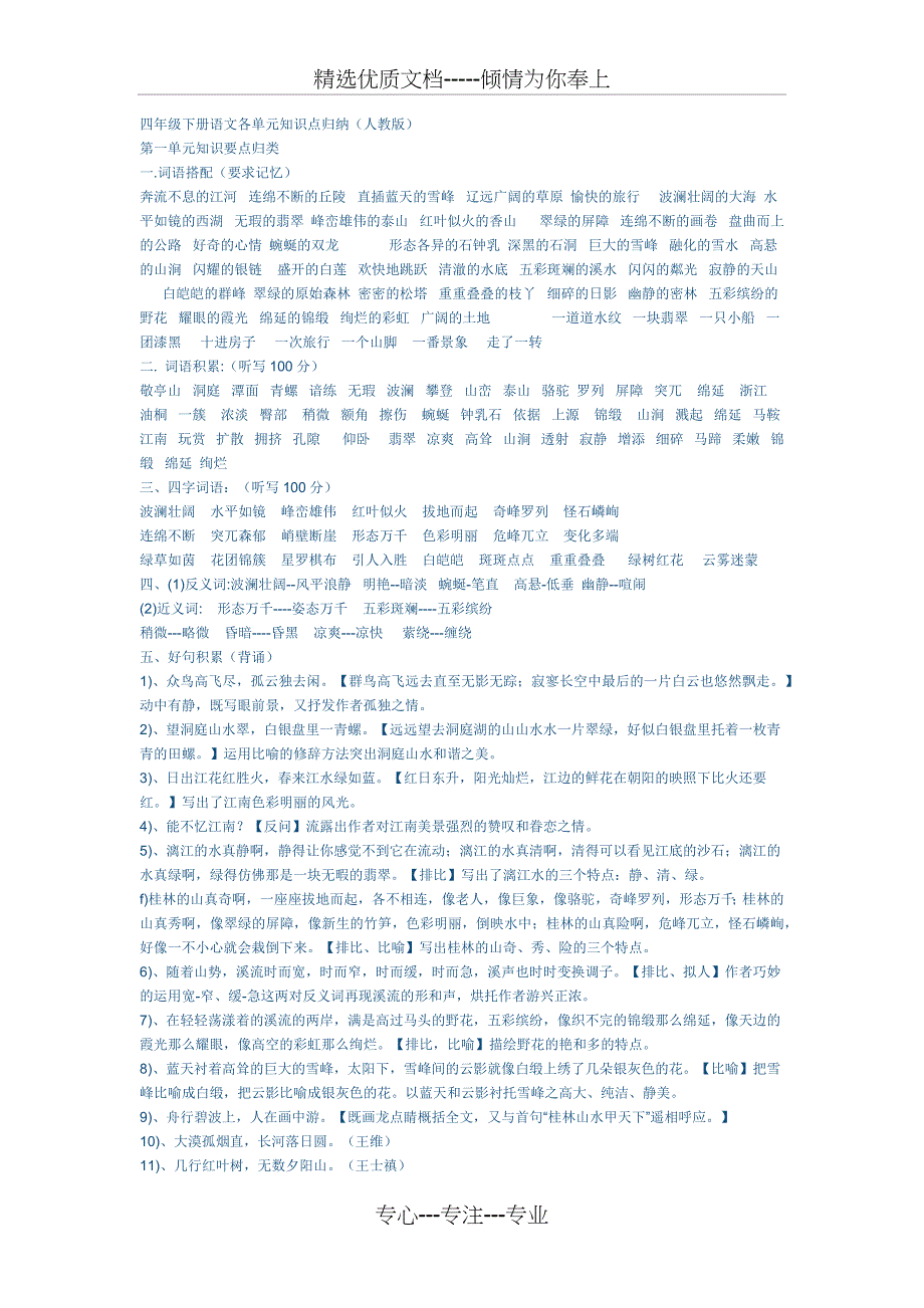 人教版四年级下册语文各单元知识点归纳(共11页)_第1页