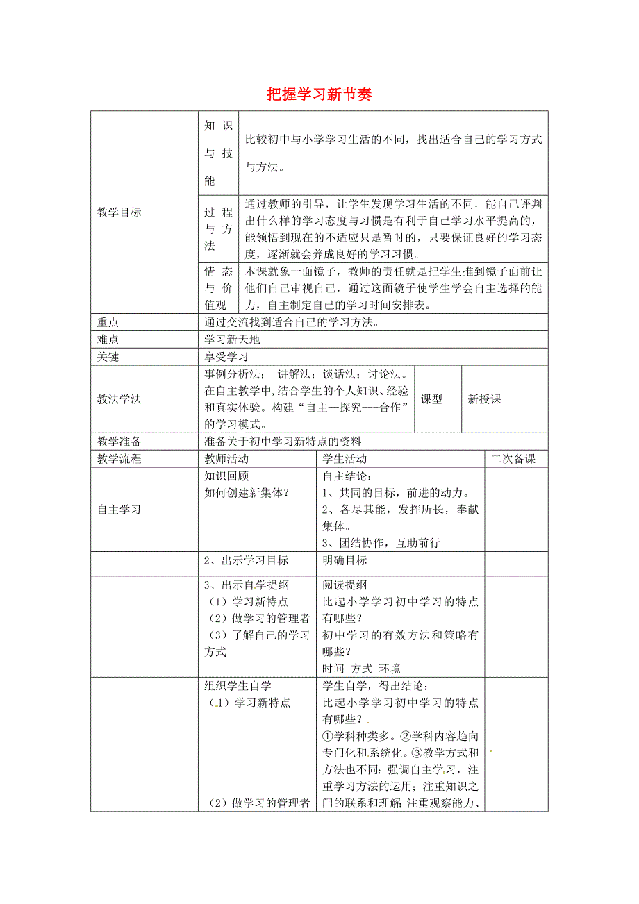 七年级政治上册 第一单元 第二课 第1框 把握学习新节奏教案 新人教版-新人教版初中七年级上册政治教案_第1页
