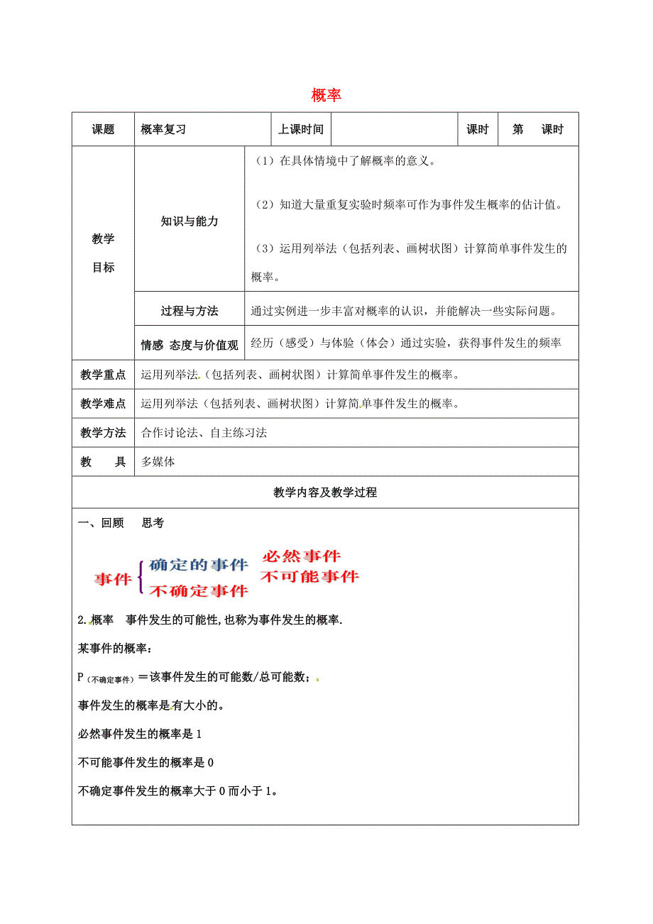 中考数学 概率复习教案 苏科版-苏科版初中九年级全册数学教案_第1页