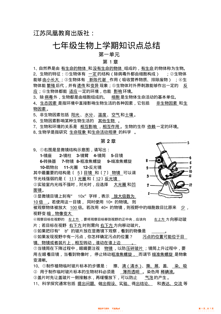 【知识】江苏凤凰教育出版社：七年级上册生物重点知识_第1页