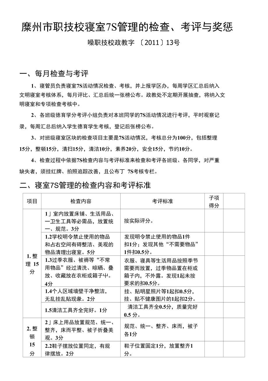 学校7s管理的检查、考评与奖惩_第1页