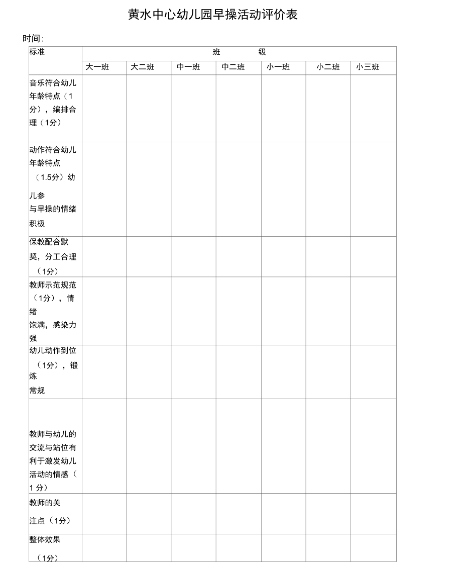 某地幼儿园考核早操活动评价表_第1页