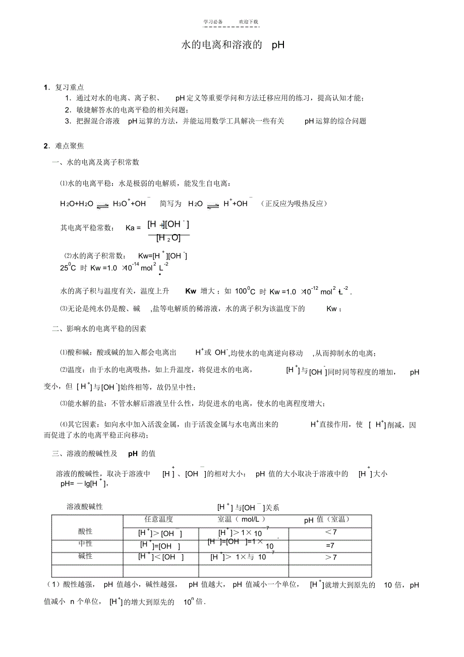 已整理版水的电离和溶液的PH知识点例题_第1页