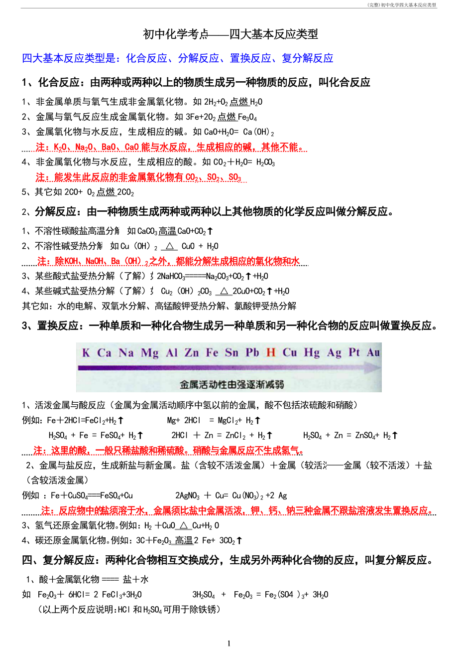 (完整)初中化学四大基本反应类型_第1页