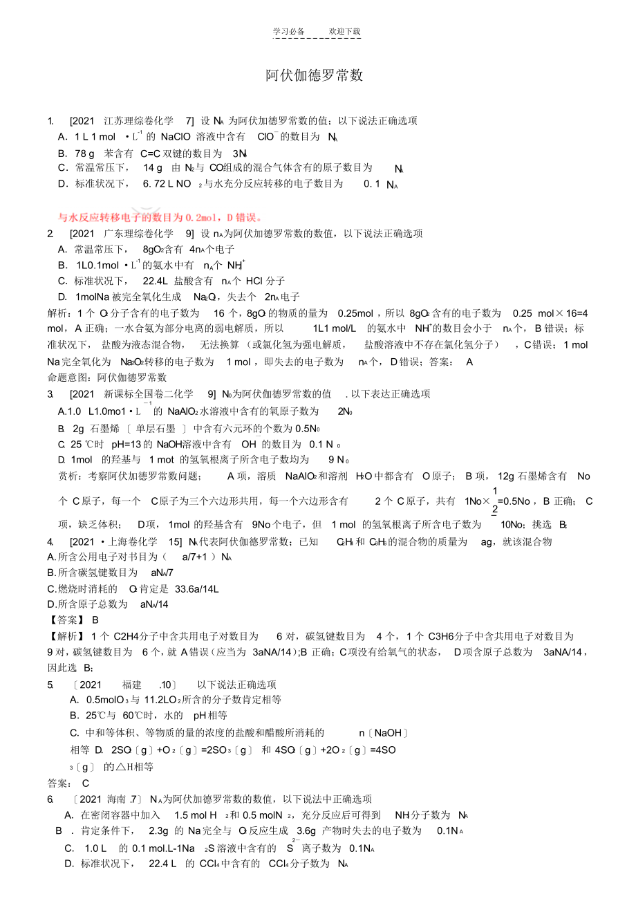 高考化学一轮验收特训精编拔高点睛专题篇阿伏伽德罗常数_第1页