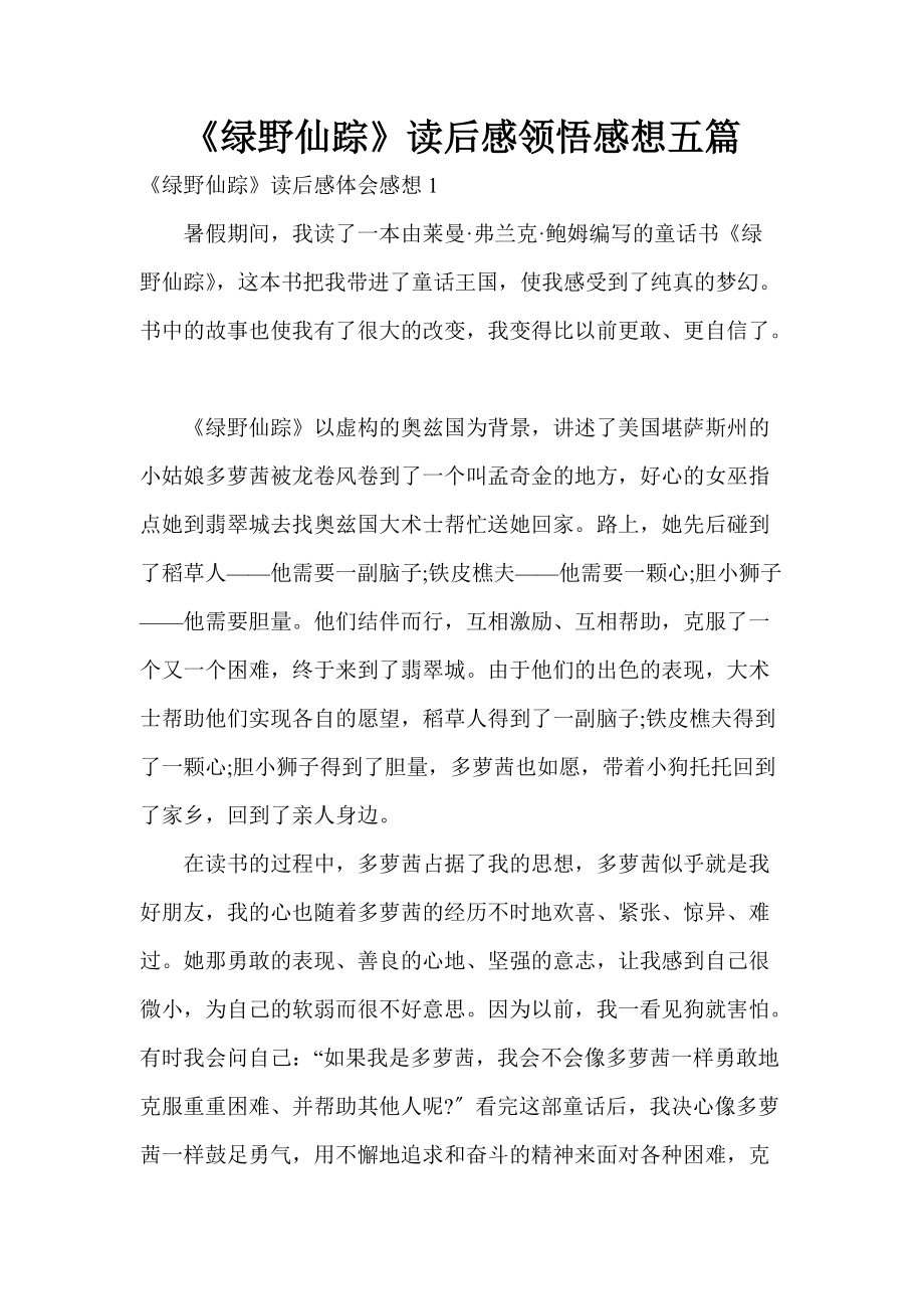 《绿野仙踪》读后感领悟感想五篇_第1页