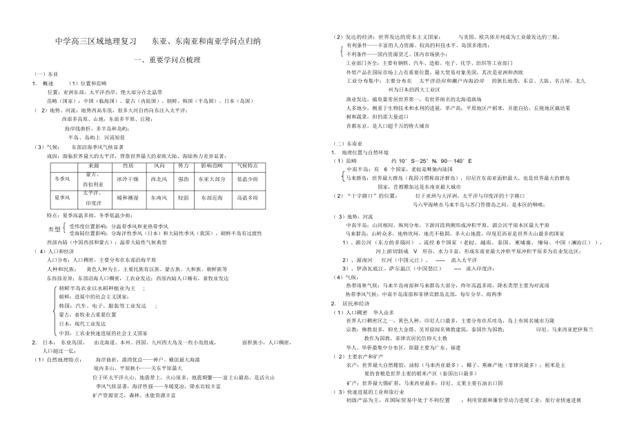 高三区域地理复习东亚、东南亚和南亚知识点归纳一、重要知识_第1页