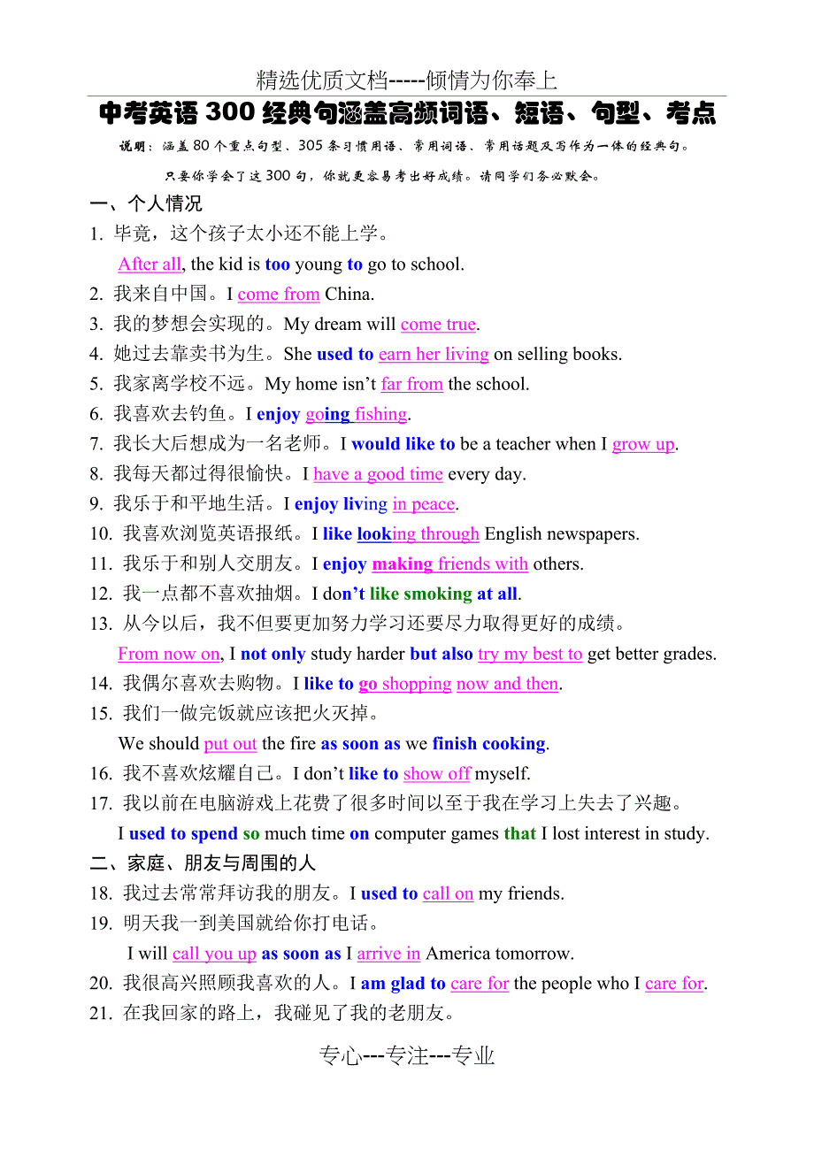 中考英语300经典句涵盖高频词语、短语、句型、考点(共15页)_第1页